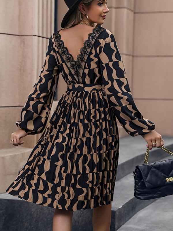 Women's Elegant Print Pleated Mid Length Dress With Back V Design