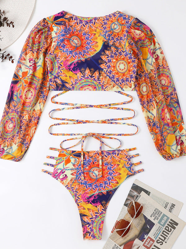 Women's Ethnic Print Long Sleeve Swimsuit With Front And Back Cut Out Design