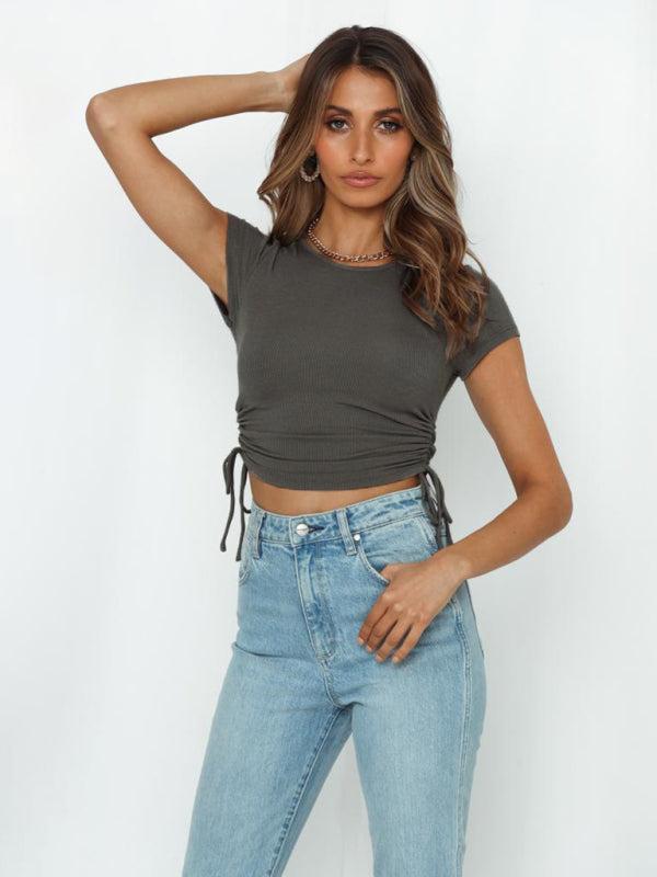 Women's Fashion Crop Top With Short Sleeve And Side Drawstring Feature
