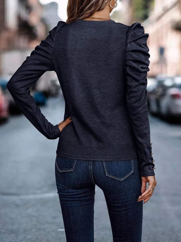 Women's Fitted Round Neck Top With Long Ruffle Sleeves