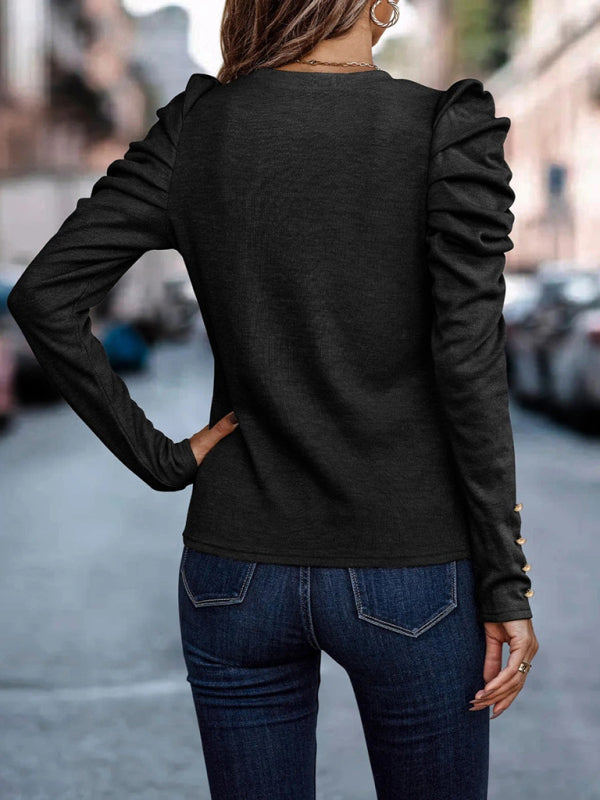 Women's Fitted Round Neck Top With Long Ruffle Sleeves