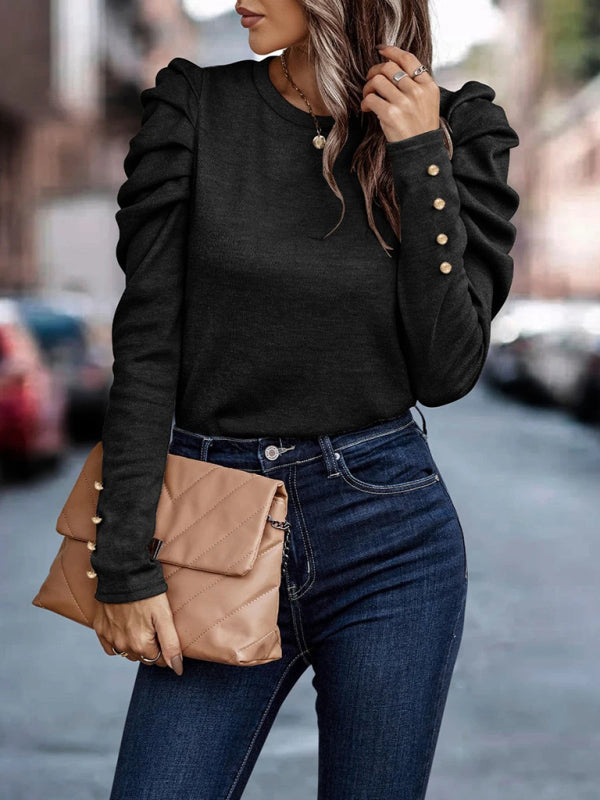 Women's Fitted Round Neck Top With Long Ruffle Sleeves