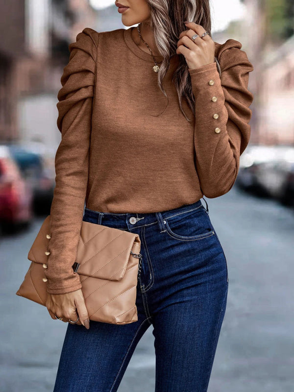 Women's Fitted Round Neck Top With Long Ruffle Sleeves