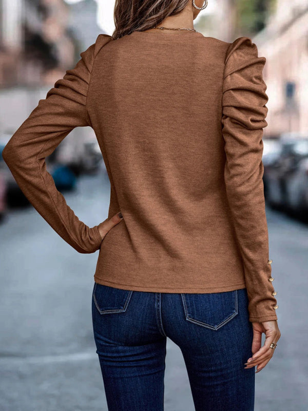 Women's Fitted Round Neck Top With Long Ruffle Sleeves