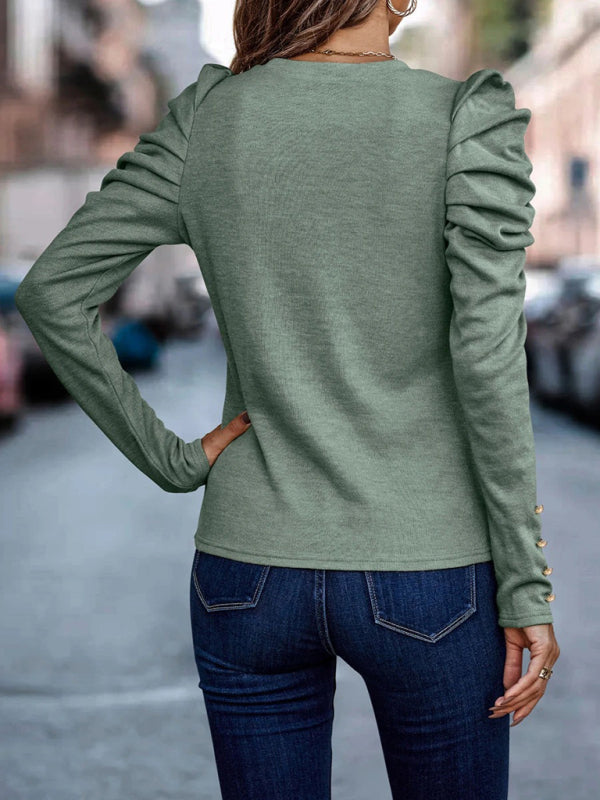Women's Fitted Round Neck Top With Long Ruffle Sleeves