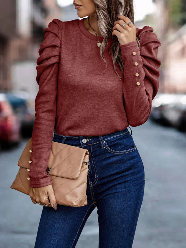 Women's Fitted Round Neck Top With Long Ruffle Sleeves