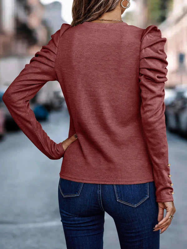 Women's Fitted Round Neck Top With Long Ruffle Sleeves