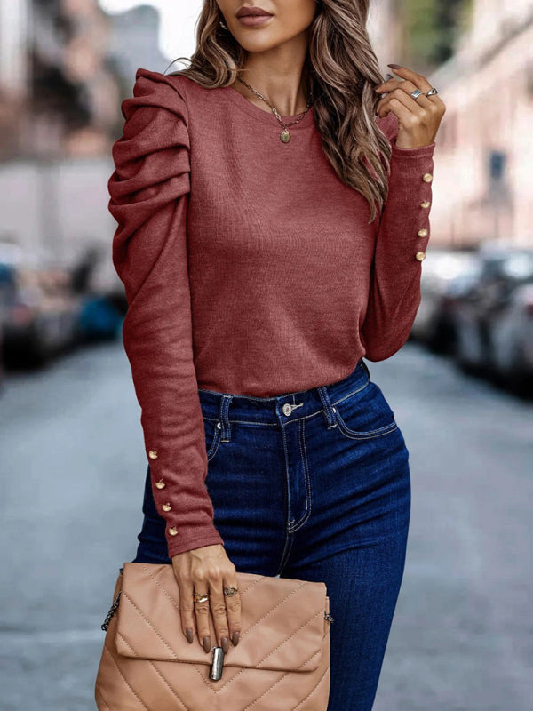 Women's Fitted Round Neck Top With Long Ruffle Sleeves