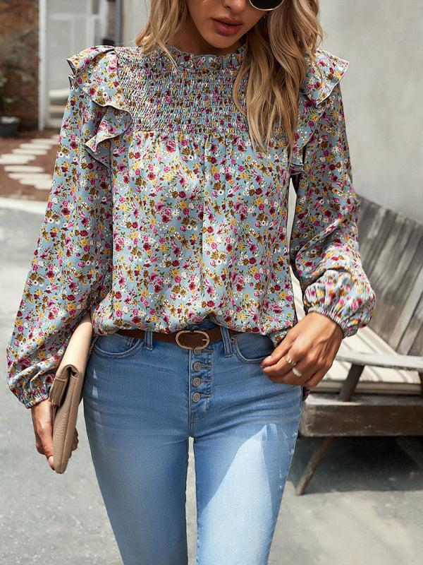 Women's Floral Print Ruffle Long Sleeve Shirred Front Blouse