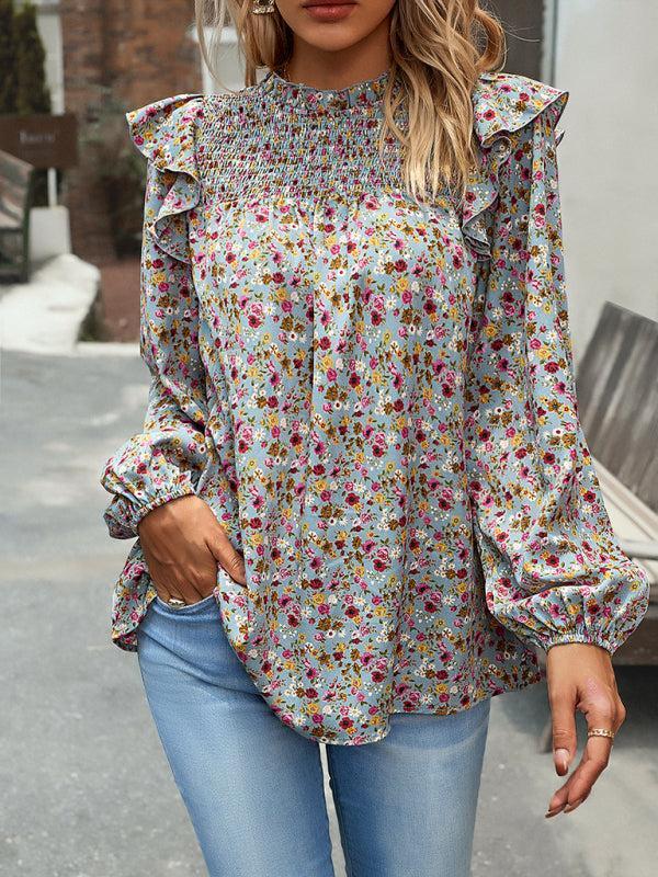 Women's Floral Print Ruffle Long Sleeve Shirred Front Blouse