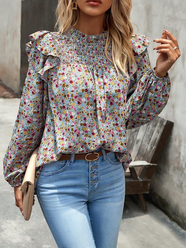 Women's Floral Print Ruffle Long Sleeve Shirred Front Blouse