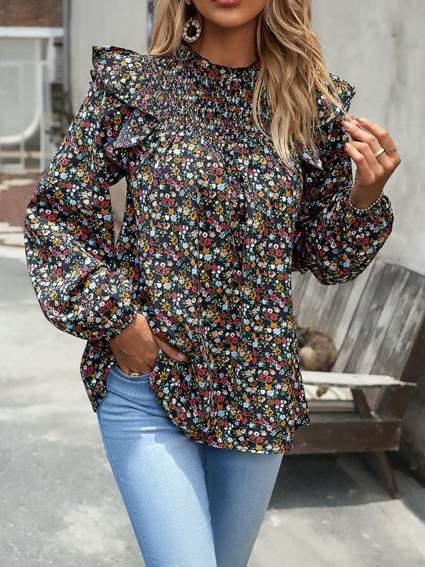 Women's Floral Print Ruffle Long Sleeve Shirred Front Blouse