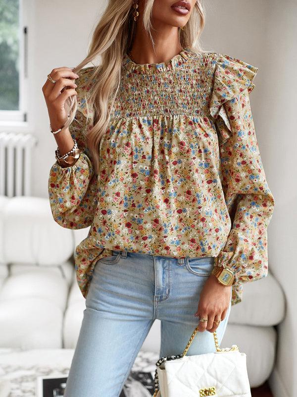 Women's Floral Print Ruffle Long Sleeve Shirred Front Blouse