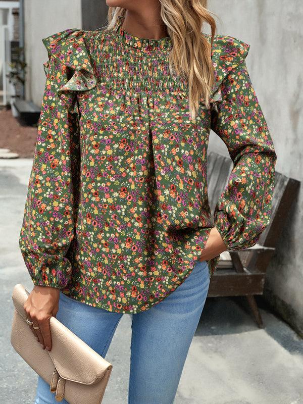 Women's Floral Print Ruffle Long Sleeve Shirred Front Blouse