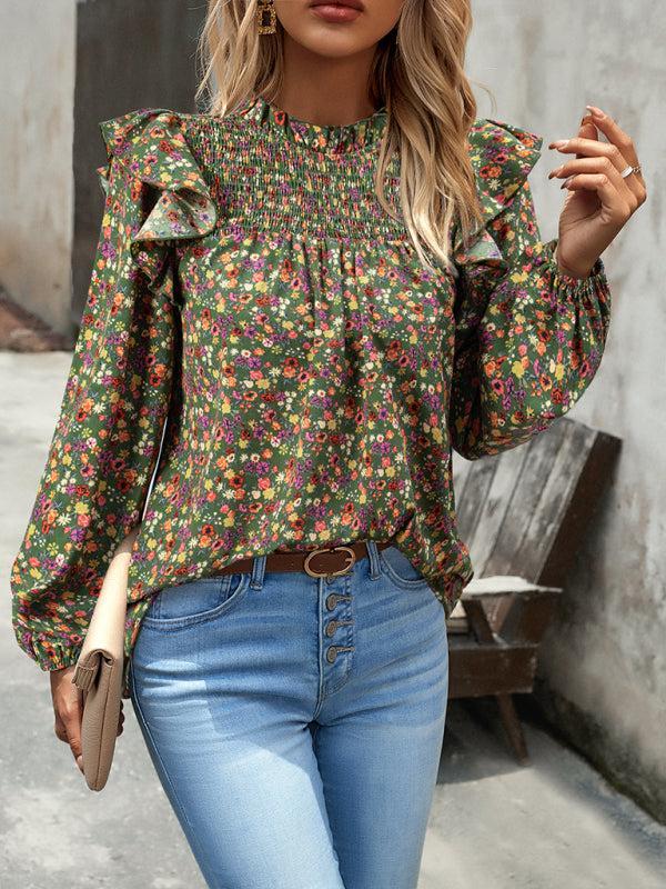 Women's Floral Print Ruffle Long Sleeve Shirred Front Blouse
