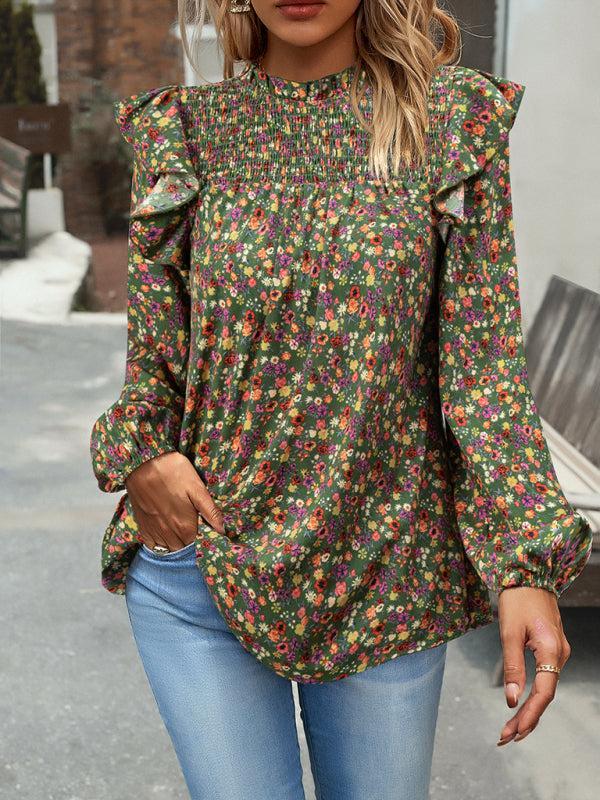Women's Floral Print Ruffle Long Sleeve Shirred Front Blouse