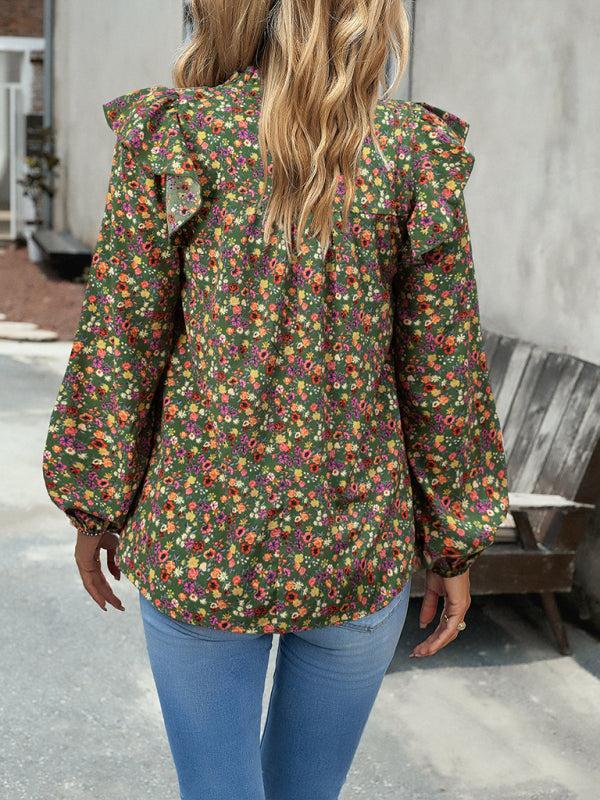 Women's Floral Print Ruffle Long Sleeve Shirred Front Blouse