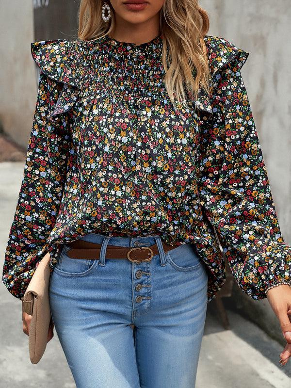 Women's Floral Print Ruffle Long Sleeve Shirred Front Blouse