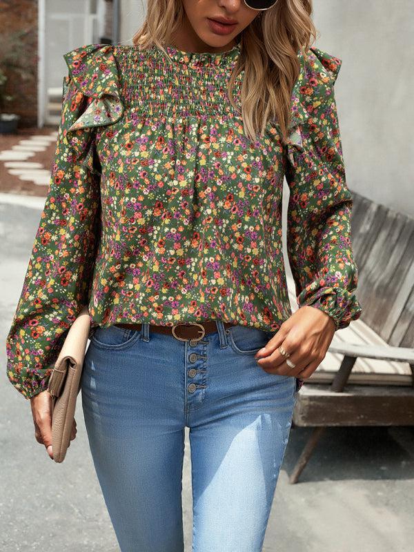 Women's Floral Print Ruffle Long Sleeve Shirred Front Blouse