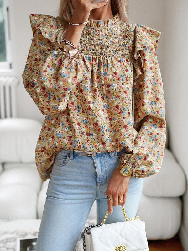 Women's Floral Print Ruffle Long Sleeve Shirred Front Blouse