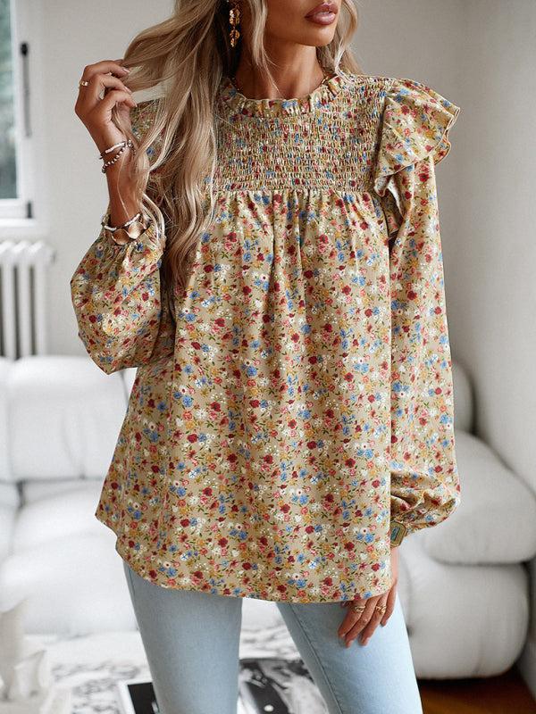 Women's Floral Print Ruffle Long Sleeve Shirred Front Blouse