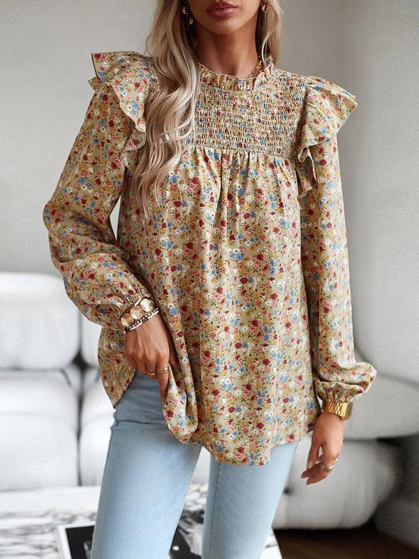 Women's Floral Print Ruffle Long Sleeve Shirred Front Blouse