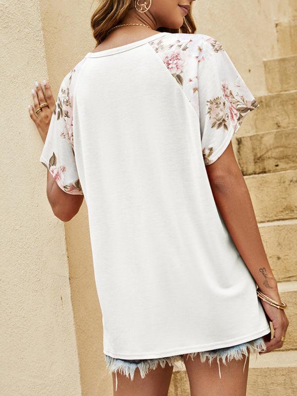 Women's Flutter Sleeve Floral Print Contrast Panel T-shirt