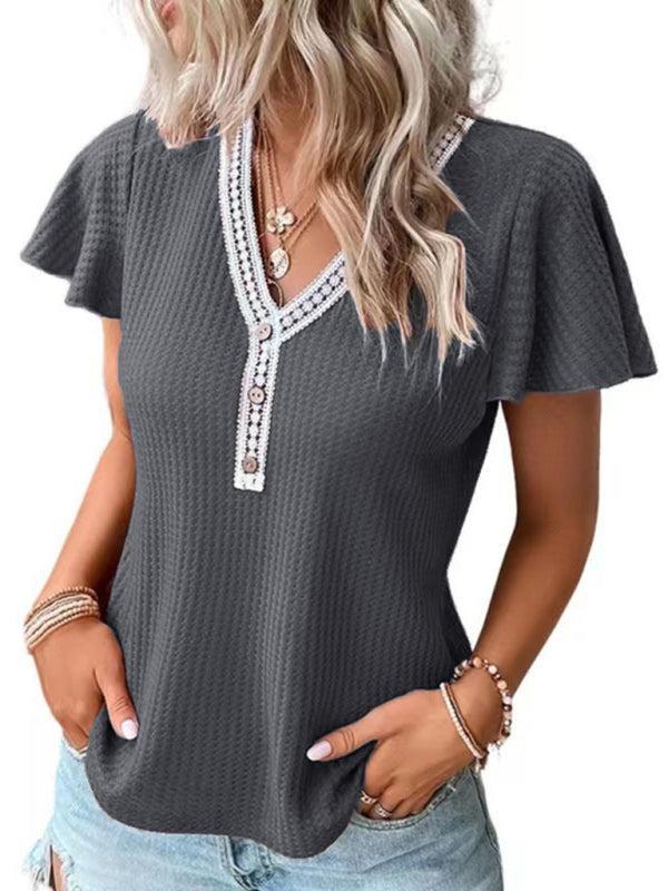 Women's Flutter Sleeve Waffle Knit Lace Trim Button Up Top