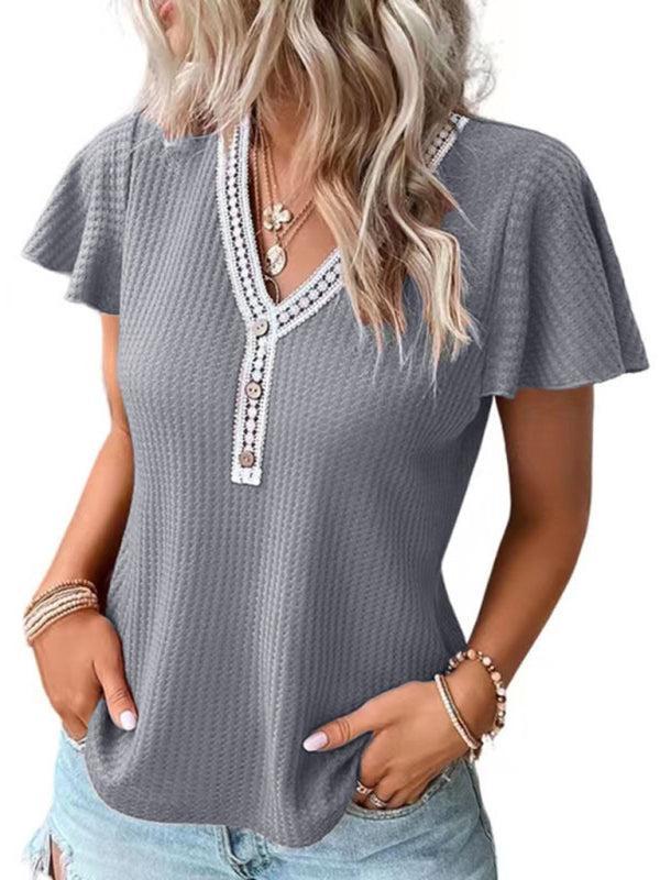 Women's Flutter Sleeve Waffle Knit Lace Trim Button Up Top