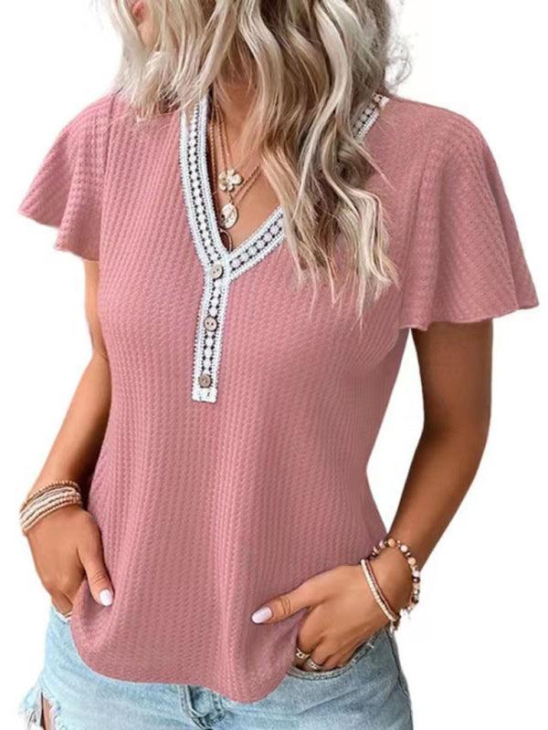 Women's Flutter Sleeve Waffle Knit Lace Trim Button Up Top