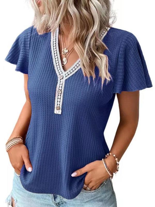Women's Flutter Sleeve Waffle Knit Lace Trim Button Up Top