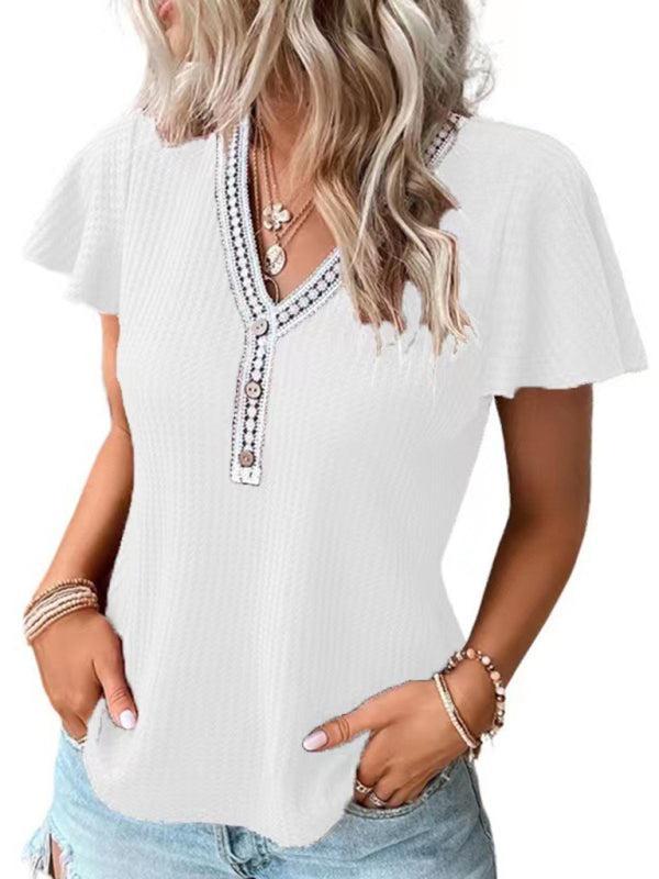 Women's Flutter Sleeve Waffle Knit Lace Trim Button Up Top
