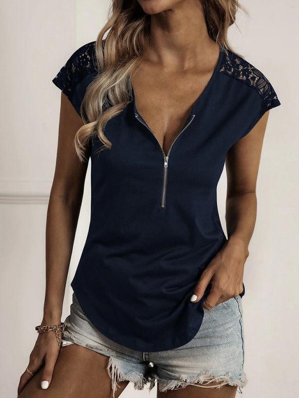 Women's Half Zip Lace Detail Short Sleeve Top