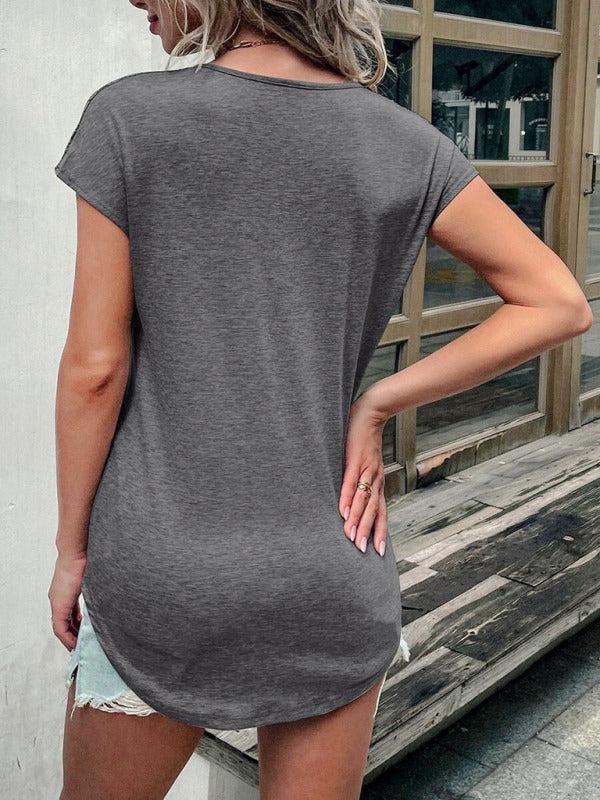 Women's Half Zip Lace Detail Short Sleeve Top