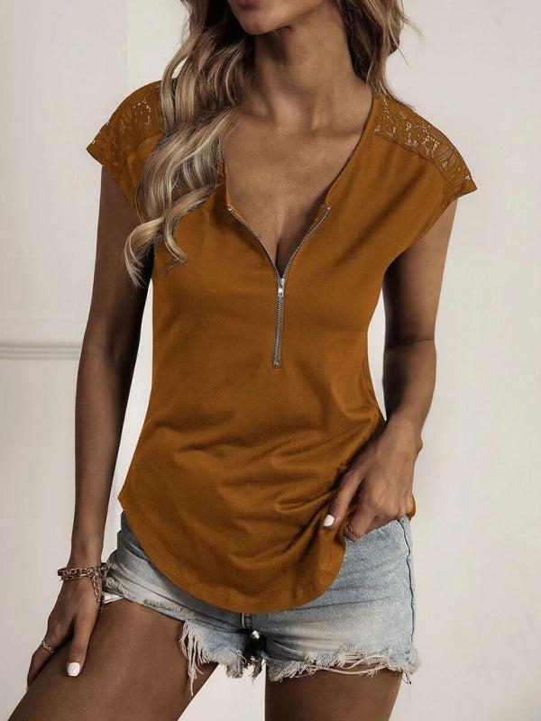 Women's Half Zip Lace Detail Short Sleeve Top