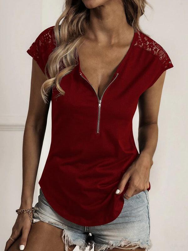 Women's Half Zip Lace Detail Short Sleeve Top