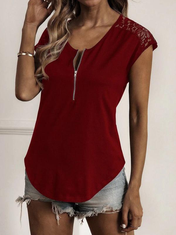 Women's Half Zip Lace Detail Short Sleeve Top