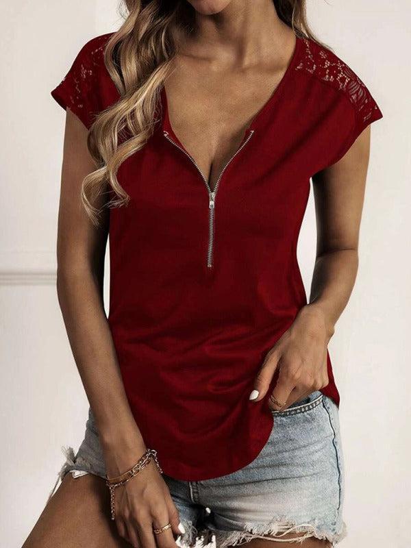 Women's Half Zip Lace Detail Short Sleeve Top