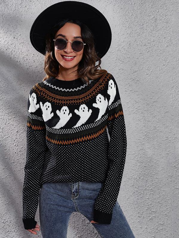 Women's Halloween Ghost Print Long Sleeve knitted Top