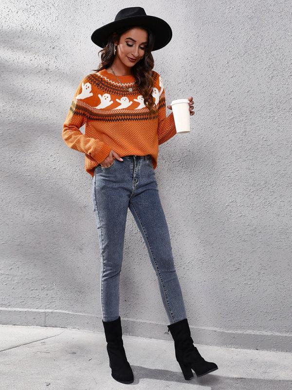 Women's Halloween Ghost Print Long Sleeve knitted Top