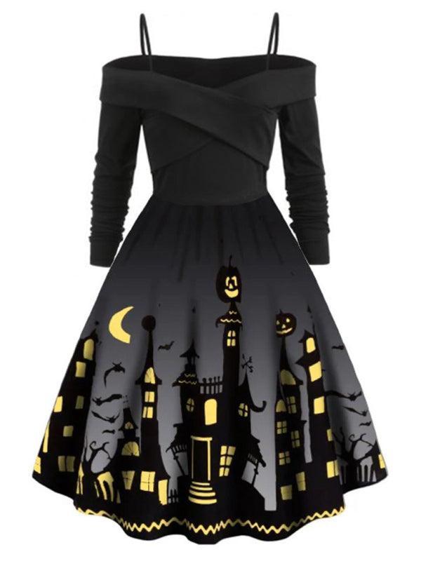Women's Halloween Print Panel Contrast Flare Dress