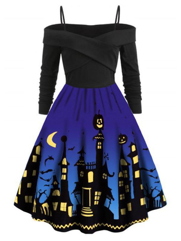 Women's Halloween Print Panel Contrast Flare Dress