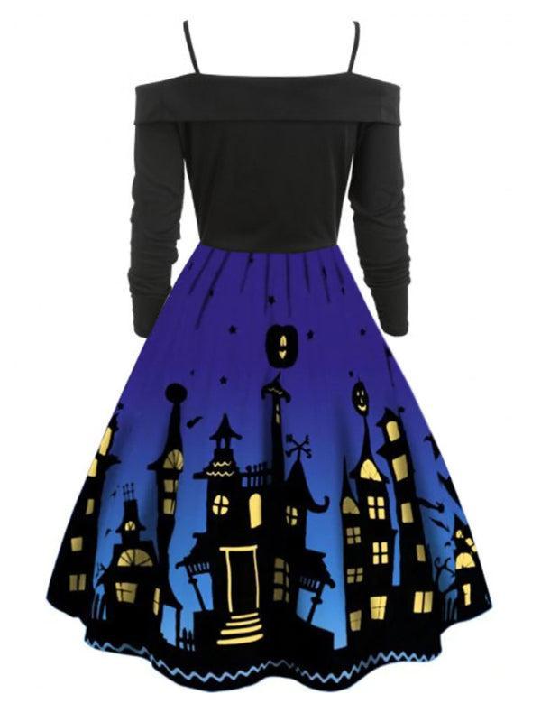 Women's Halloween Print Panel Contrast Flare Dress