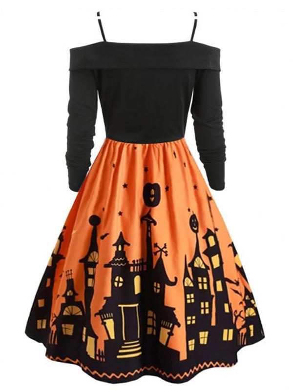 Women's Halloween Print Panel Contrast Flare Dress