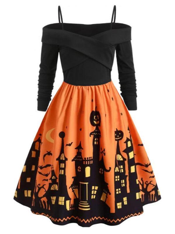Women's Halloween Print Panel Contrast Flare Dress