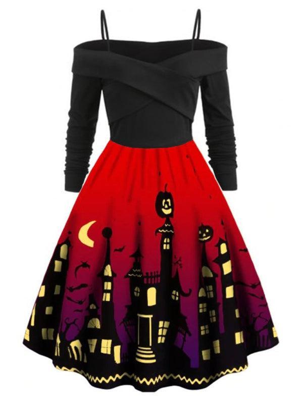 Women's Halloween Print Panel Contrast Flare Dress
