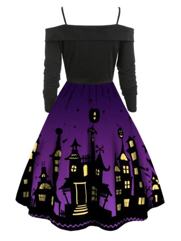 Women's Halloween Print Panel Contrast Flare Dress