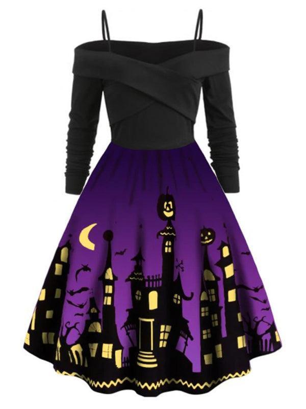 Women's Halloween Print Panel Contrast Flare Dress