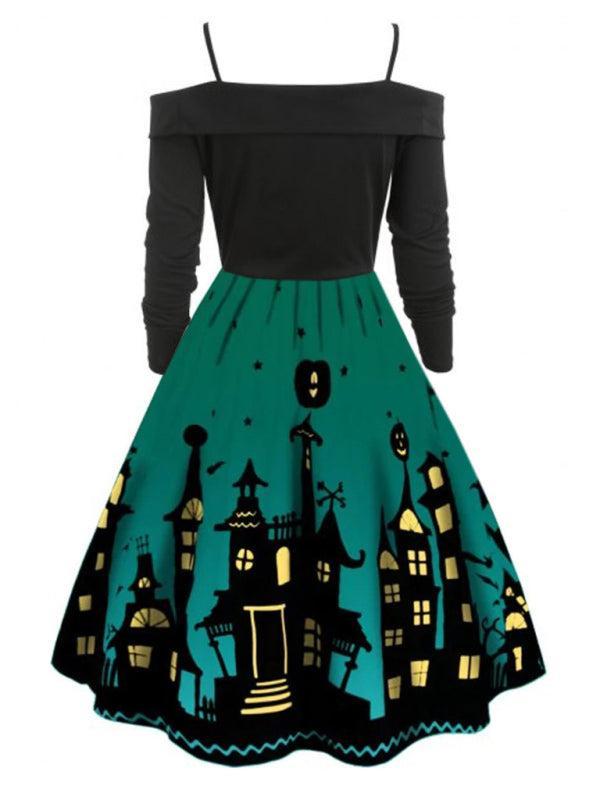 Women's Halloween Print Panel Contrast Flare Dress