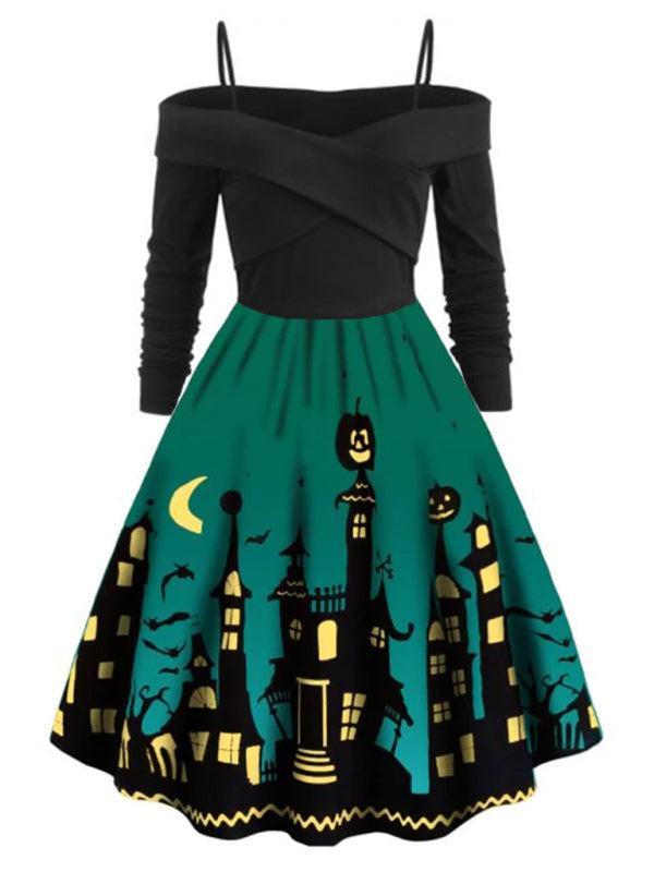 Women's Halloween Print Panel Contrast Flare Dress